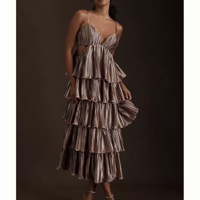 Bhldn Carly Cushnie Anthropologie Bronze Brenna Tiered Pleated V-Neck Midi Dress